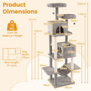 Multi-level grey cat tree with 2 condos and scratching posts, ideal for indoor cats' climbing and lounging.