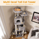 Multi-level tall cat tower in grey featuring two condos, padded perches, and sisal-covered scratching posts for indoor.