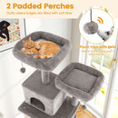 Large cat tree with two padded perches and plush toys, perfect for indoor cats to lounge and play.