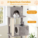 Multi-level grey cat tree with two spacious condos, sisal-covered posts, and cushioned perches for indoor cats.