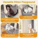 Large cat tree with cozy hammock, climbing platforms, and sisal scratching posts for indoor cats' play and relaxation.
