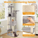 Large grey cat tree with multi-level platforms, two condos, and sisal scratching posts for indoor cats.