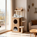 Wooden cat tree with 2-floor condo, padded platforms, and sisal-wrapped posts for indoor cats' play and relaxation.