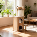 Wooden cat tree with 2-floor condo and padded platform, perfect for indoor cats to lounge and play.