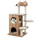 Wooden cat tree with 2-floor condo, padded platforms, and sisal-wrapped posts for indoor cats' play and rest.