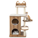 Wooden cat tree with 2-floor condo, padded platforms, and natural sisal posts for indoor cats to play and relax.