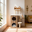 Wooden cat tree featuring a stylish top perch shaped like a cat's head, perfect for indoor cats to observe their.