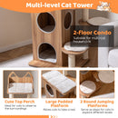 Multi-level wooden cat tower with 2-floor condo, padded platforms, and round jumping steps for indoor cats.