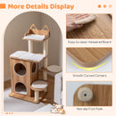 Wooden cat tree with 2-floor condo, padded platforms, and non-slip foot pads for indoor cats' comfort and play.