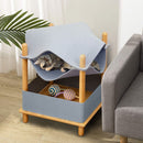 2-tier wooden cat house in grey with removable felt cloth, featuring a semi-enclosed condo and hammock for comfort.