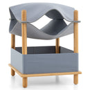 2-tier wooden cat house with removable grey felt cloth, convertible from semi-enclosed condo to hammock for comfort.
