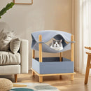 2-tier wooden cat house in grey with semi-enclosed condo and removable hammock, perfect for cozy cat resting.