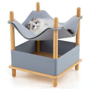 2-tier wooden cat house with grey felt, featuring a semi-enclosed condo and hammock for comfortable lounging.
