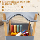 Bottom storage shelf of a 2-tier wooden cat house in grey, featuring an elastic rim for organizing pet supplies.