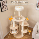 Wooden cat tree with condo and multi-level climbing stand, featuring a plush top perch and transparent space capsule.
