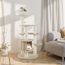 132cm tall wooden cat tree with condo, plush top perch, and transparent space capsule for climbing and lounging.
