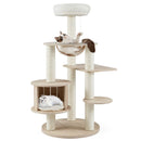Multi-level 132cm tall wooden cat tree with condo, plush top perch, and scratching posts for playful cats.