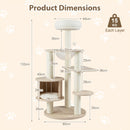 Dimensions of the 132cm tall wooden cat tree with condo, multi-level design, and plush resting spots for cats.