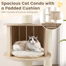 Spacious cat condo with a padded cushion on a 132cm tall wooden cat tree, designed for comfort and secure lounging.