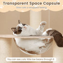 Transparent space capsule on a 132 cm tall wooden cat tree, providing a cozy observation spot for cats.
