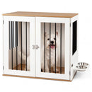 80 cm White Dog Crate Furniture with Swivel Feeding Bowls – White view 4