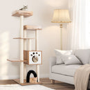 Multi-level modern cat tree featuring two plush perches, a cozy condo, and scratching posts for playful kittens.