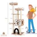 Multi-level tall cat tree with 2 plush perches, condo, and scratching posts for active and cozy feline fun.