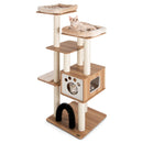 Multi-level modern cat tree featuring two plush perches, a cozy condo, and scratching posts for playful cats.