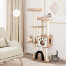 Multi-level tall modern cat tree with 2 plush perches, condo, and scratching posts for active and cozy playtime.