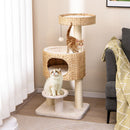 Multi-level modern cat tower with natural woven cattail, plush bed, and interactive toy for climbing and resting.