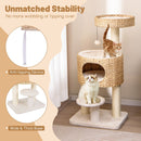 Modern cat tower featuring a top perch, large condo, and anti-tipping device for safe play and rest.