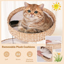 Cozy cat condo with removable plush cushions, crafted from natural woven cattail, perfect for climbing and resting.