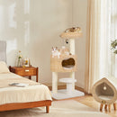 Multi-level modern cat tower with natural woven cattail, plush cushions, and anti-tipping device for safe play and rest.