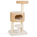 Modern cat tower with natural woven cattail, plush bed, and anti-tipping device for climbing and resting.