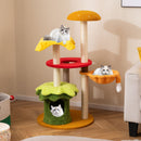 Multi-level hamburger-themed cat tree in vibrant colors with cozy resting spots and natural sisal scratching posts.