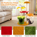 Multi-level hamburger-themed cat tree with vibrant colors, cozy platforms, and natural sisal scratching posts for.