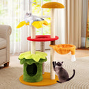 Multi-level hamburger-themed cat tree with vibrant colors, cozy perch, and scratching posts for playful relaxation.