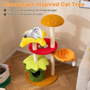 Multi-level hamburger-themed cat tree with vibrant colors, cozy perch, and plush condo for playful relaxation.