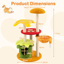 Multi-level hamburger-themed cat tree dimensions with colorful elements, featuring cozy resting spots and playful.