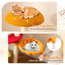 Cozy top perch and soft basket bed of the hamburger-themed cat tree, perfect for lounging and playful relaxation.