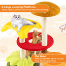 Multi-level hamburger-themed cat tree with vibrant colors, featuring two large platforms and a cozy cat condo for.
