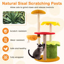 Multi-level hamburger-themed cat tree with vibrant colors, sisal scratching posts, and cozy resting spots for playful.