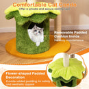 Multi-level hamburger-themed cat tree with vibrant colors, cozy condo, and removable cushion for easy maintenance.