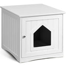 White cat hidden litter enclosure box with a top surface for decor and a door with a magnet latch for easy access.