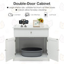 Modern cat litter box enclosure in white with two doors, large interior for litter box, and smooth-sliding drawer.