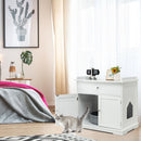 Modern cat litter box enclosure in white with drawer and two doors, serving as a stylish side table for home.