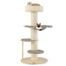 Multi-level wooden cat tower with sisal scratching posts, featuring a plush perch and two padded platforms for indoor.