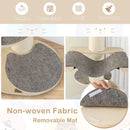 Close-up of the non-woven fabric removable mat on the multi-level wooden cat tower for indoor cats in grey.