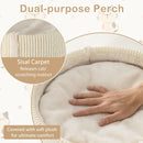 Plush perch with sisal carpet for scratching, part of a multi-level wooden cat tower for indoor cats in grey.