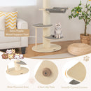 Multi-level wooden cat tower with sisal scratching posts, plush perch, and padded platforms for indoor cats.